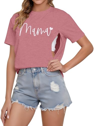 Women's Breastfeeding Shirt Zipper Nursing T-Shirt Maternity Graphic Tees - color: Pink, size: X-Large