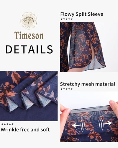 Timeson Women's 3/4 Sleeve Floral Blouses Shirts - color: Blue Brown, size: Medium