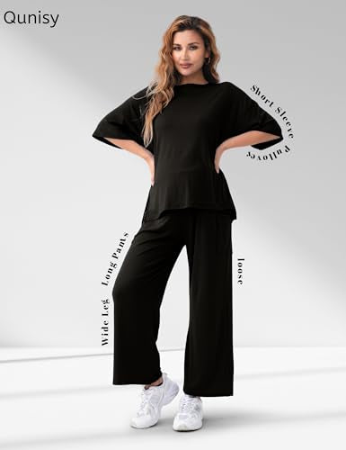 Maternity Lounge Set, 2 Piece Matching Set with Wide Leg Pants - color: Black, size: Small
