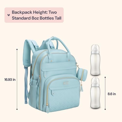 BabbleRoo Leather Diaper Bag Backpack - Baby Essentials Travel Baby Bag, Multi function, Water Resistant, with Changing Pad, Stroller Straps & Pacifier Case – Unisex, Powder Blue - color: Vegan Leather Powder Blue, size: Large