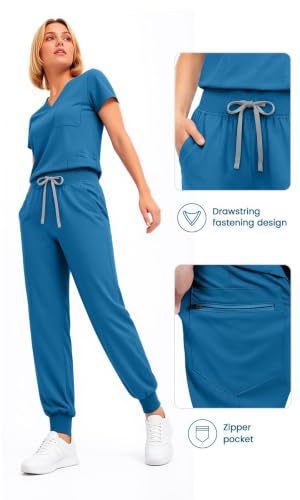 Scrubs for Women Set, V-Neck Top & Jogger Pants - color: Caribbean Blue, size: Large