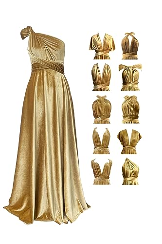 72styles Velvet Multi-Way Wrap Infinity Maxi Dress for Bridesmaids - color: Gold, size: One Size Plus