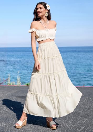 PRETTYGARDEN Women's Boho Tiered Ruffle Flowy Maxi Skirt - color: Beige, size: Small