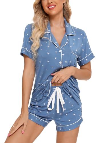 Senert Womens Pajamas Sets Soft Button Down Short Sleeve Sleepwear - color: A Lake Blue With Star With Line, size: XX-Large