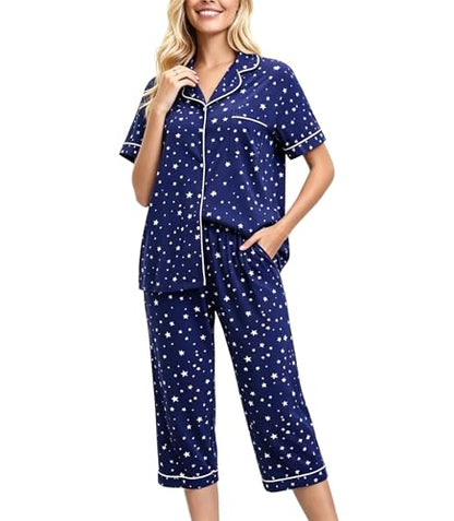 ENJOYNIGHT Womens Pajama Set Capri Short Sleeve Button Down Pj with Pocket - color: Navy Star, size: Medium