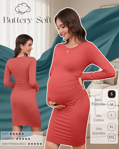 Riyiper 3 Pack Women's Long Sleeve Maternity Dresse - color: Dark Blue Green, Apricot, Orange Red, size: Medium