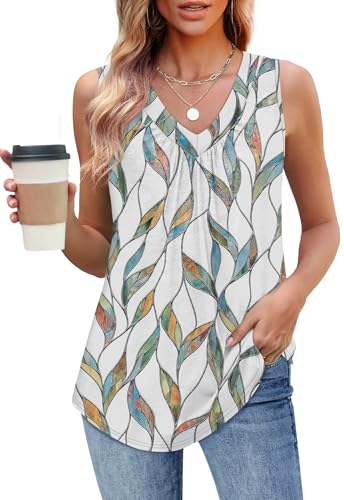 OFEEFAN Tank Top for Women Loose Fit Sleeveless Shirts V Neck Summer Clothes Ruched Women's Tees and Tanks Curved Hem - color: Patterned-white Print, size: XX-Large