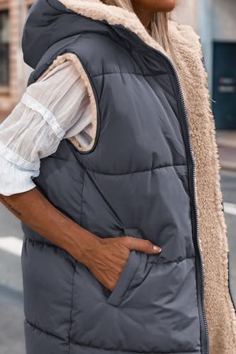 PRETTYGARDEN Women's Winter Reversible Fleece Long Vests - color: Grey Blue, size: Medium