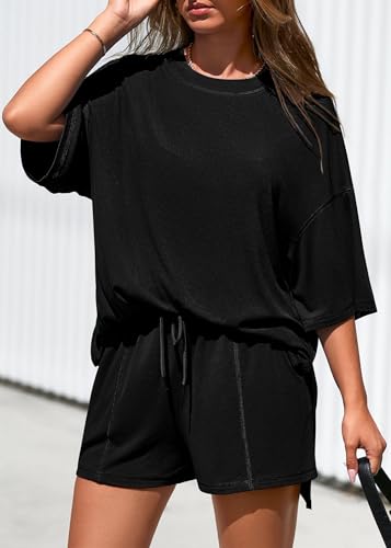 KIRUNDO 2 Piece Sets for Women Summer Lounge Sets Casual - color: Black, size: Medium