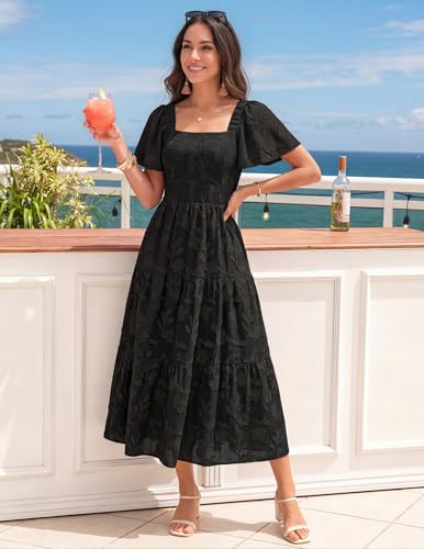 ZESICA Womens 2026 Summer Boho Wedding Guest Midi Dresses - color: Black, size: Medium