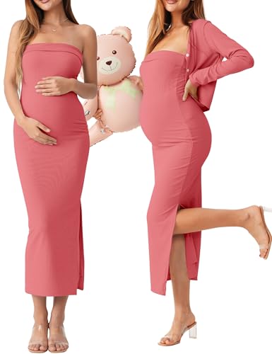 2 Piece Strapless Maternity Dress & Cardigan Set for Baby Shower - color: Dusty Rose, size: Small
