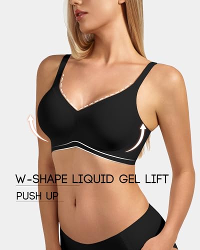 VQJ Women's Wireless Push Up Bra, Jelly Seamless Full Coverage T-Shirt Bra - color: Classic Black, size: Medium