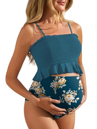 Summer Mae Maternity Swimsuit Ruffled Two Piece High Waist Bikini Swimwear - color: Green Flower, size: Medium