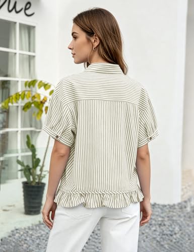 Flygo Womens Cropped Striped Button Down Shirts Ruffle Peplum Tops - color: Olive, size: X-Large
