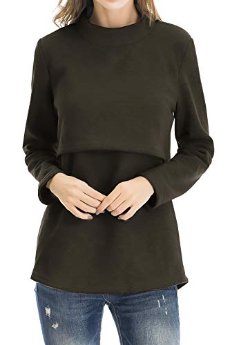 Smallshow Women's Fleece Nursing Tops Shirts Long Sleeve Breastfeeding Clothes - color: Army Green, size: Medium