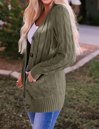 ZESICA Long Sleeve Button Down Open Front Cable Knit Cardigan Sweaters - color: Armygreen, size: Medium