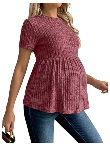 RoseSeek Women's Ribbed Knit Maternity T Shirt Short Sleeve Peplum Tops - color: Deep Red, size: Small