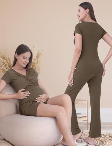 3-Piece Maternity Nursing Pajamas Set for Pregnancy & Postpartum - color: Mocha Brown, size: X-Large