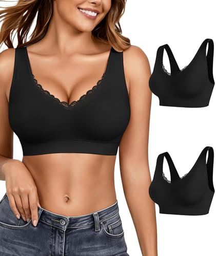 Bras for Women No Underwire Lace V-Neck Wireless Bra Wireless Sleep Bras - color: 2 Pack-black, size: Small