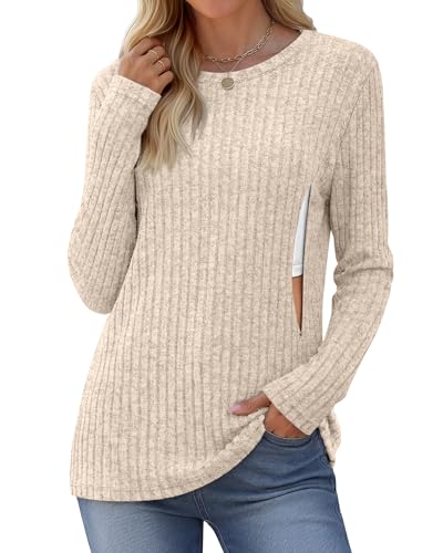 Womens Maternity Nursing Breastfeeding Ribbed Shirt - color: Apricot, size: Medium