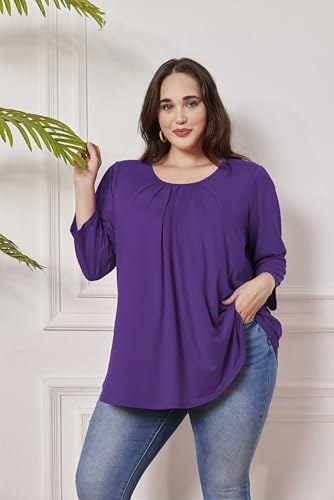 Plus Size Tunic Tops for Women 3/4 Sleeve Tunics Loose Fit Shirt Crew Neck Pleated Solid Casual Dressy Blouses - color: D-deep Purple, size: 5X-Large