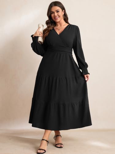 RWJ Women's Plus Size Fall Wedding Guest Dress Long Sleeve Maxi with Pocket - color: Black, size: Large Plus