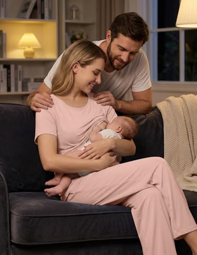 Ekouaer 3 Pack Postpartum Nursing Pajamas Breastfeeding Maternity Clothes - color: Pink, size: Medium