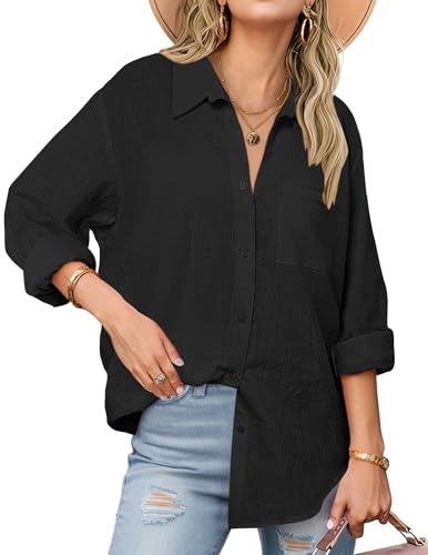 Zeagoo Womens Button Down Shirts Long Sleeve Casual Cotton Gauze Tops - color: Black, size: XX-Large