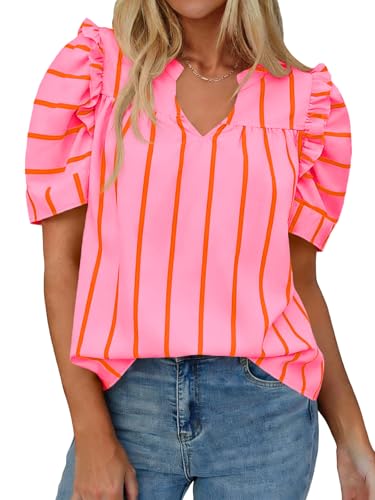 Tankaneo Womens Puff Sleeve Tops Striped Shirts Loose Fit Tunic Blouses - color: Pink, size: Medium