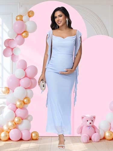 Women's Maternity Draped Neck Ruffle Bodycon Baby Shower Dress - color: Blue, size: Medium