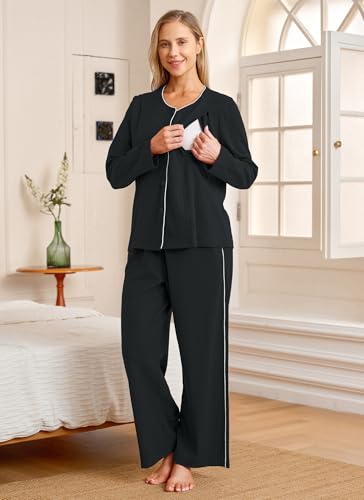 OUGES 100% Cotton Women's Maternity Nursing Pajamas Sets Button Down Breastfeeding Loungewear Top & Pants with Pockets - color: Black, size: Small