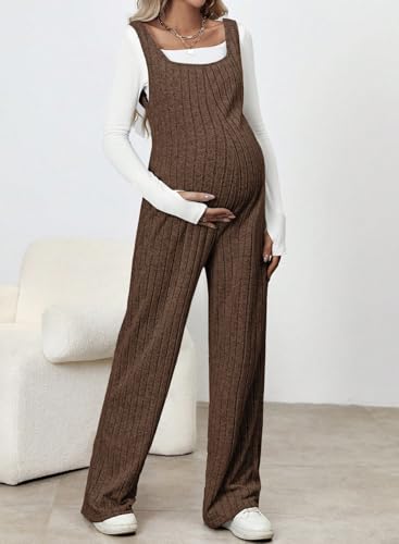 BLENCOT Maternity Jumpsuit Sleeveless Square Neck Wide Leg Pants Romper - color: Brown, size: X-Large