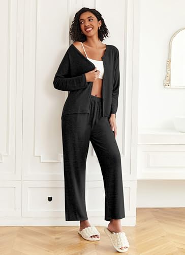 Ekouaer Womens Pajama Sets Button Up Long Sleeve Lounge Set Soft V Neck Pj - color: Black, size: Medium