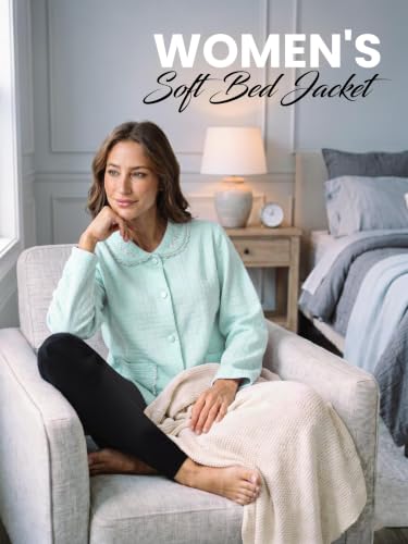 Casual Nights Women's Soft Bed Jacket, Button Front Long Sleeve Sleep Top with Pockets - color: Mint Green, size: Small