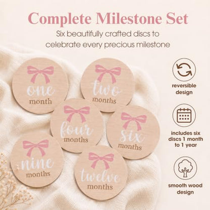 Kate & Milo Wooden Baby Monthly Milestone Discs, Pink Bow Design