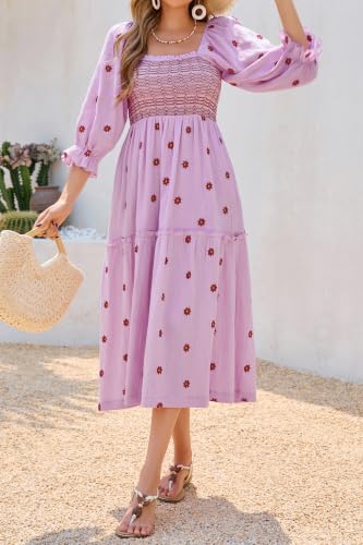 R.Vivimos Women's Cotton Floral Embroidered Boho Midi Dress with Pockets - color: Lightpurple, size: Medium