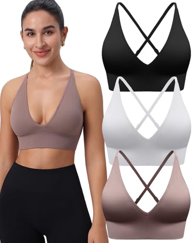 Women's V Neck Sports Bras, Adjustable Seamless Wireless Padded Bralettes - color: Black White Brown 3 Pack, size: Large