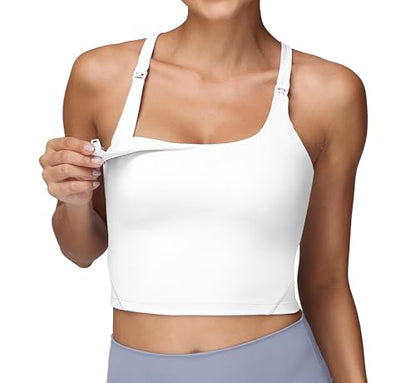 Foucome Nursing Tank Tops Racerback Longline Nursing Sports Bra - color: White, size: Large