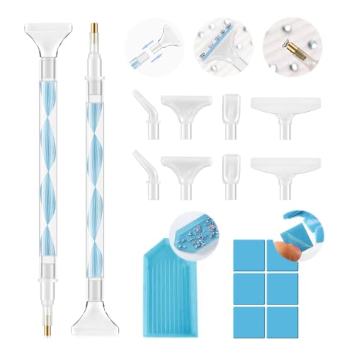 Rhinestone Picker Tool Kit: 2Pcs Rhinestone Picker Handle, Dual-Ended Rhinestones Applicator Dotting Tools Pen with 12 Upgraded Plastic Replacement Tips, Clay for DIY Nail Art Craft (Blue) - color: Blue/White