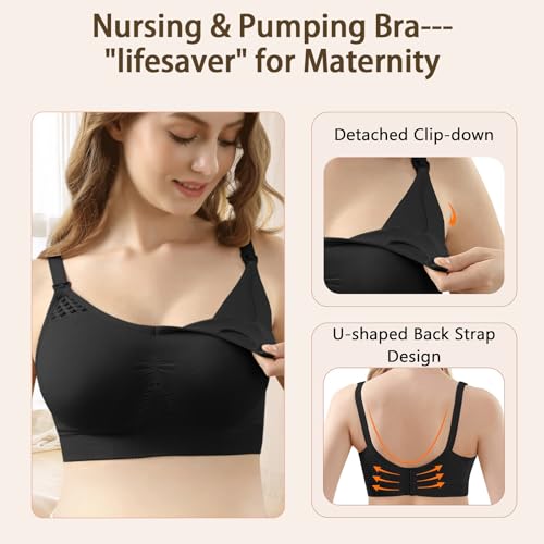 4HOW Pumping Bra Hands Free Nursing Pumping Bra All in One Wireless Padded Maternity Bralette for Large Bust - color: Black, size: XX-Large