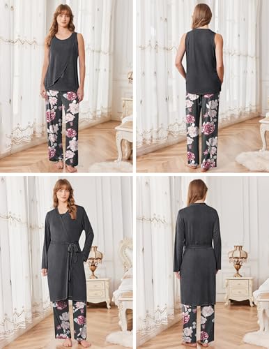Ekouaer Maternity Pajamas Nursing Robe Set 3 Pieces Post Partum Lounge Sets - color: Medium Gray, size: Large