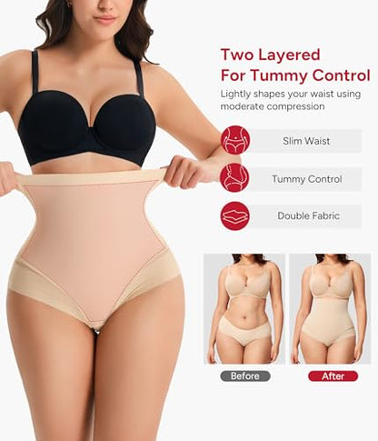 Shapewear Tummy Control Underwear High Waisted Panties with Stripe Lace - color: Beige, size: XX-Large