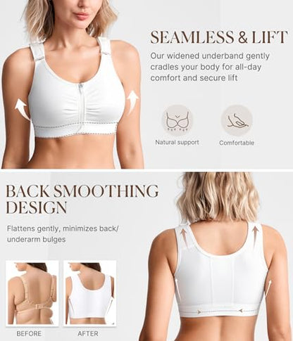 BRABIC Zip Front Closure Everyday Bras for Women Post Sugery Compression - color: White, size: X-Large