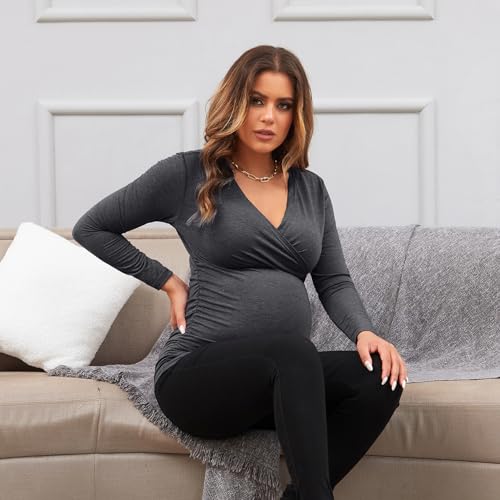Maternity Shirt Long Sleeve Top Wrap V Neck Blouse Cross Over Nursing Tshirt - color: Dark Grey, size: Medium