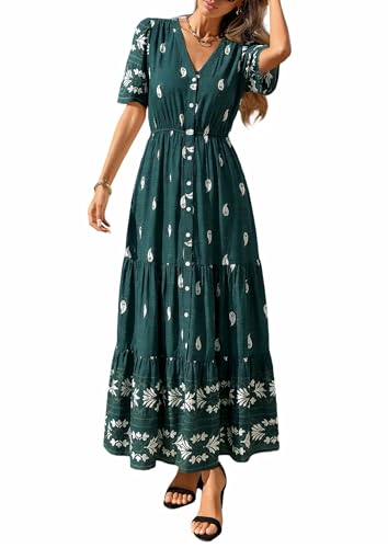 PRETTYGARDEN Womens Short Sleeve Boho Maxi Dress - color: Peacock Blue, size: X-Large
