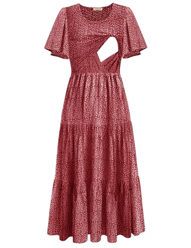 CzzzyL Womens Nursing Dress Summer Floral Print Smocked Maxi with Pockets - color: Leopardred, size: Small
