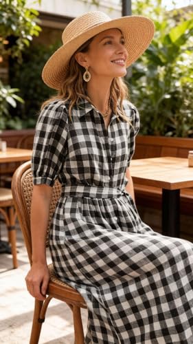 CHARTOU Women Summer Plaid Puff Short Sleeve Dress Button Down Long Shirt Dress with Belt - color: Black, size: Medium