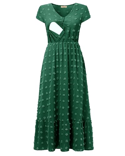 CzzzyL Women Nursing Dresses Cap Short Sleeve V Neck Swiss Dot with Pockets - color: Dreepgreen, size: Medium