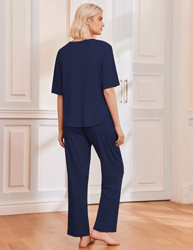 Ekouaer 2 Pack Womens Pajamas Sets Short Sleeve Long Pants Pjs Lounge Set - color: Dark Grey Stars/Navy, size: Large