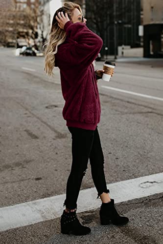 ReachMe Womens Oversized Sherpa Hoodie Pullover Fleece Sweatshirt - color: A Burgundy, size: Medium
